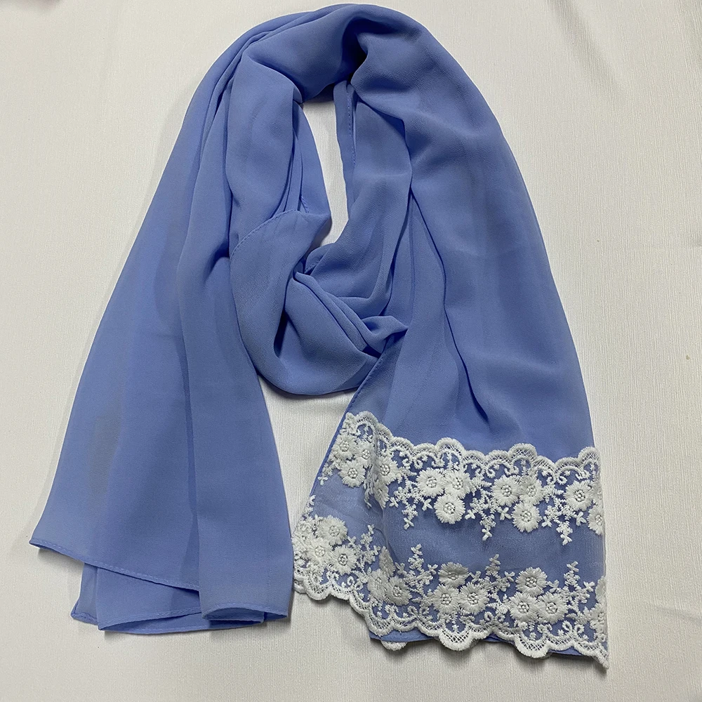2022 Trendy Women Embroidered Lace Hijab Stitching Chiffon Scarf Hijabs Long Size White Lace Elegant Shawls Wrap Foulard