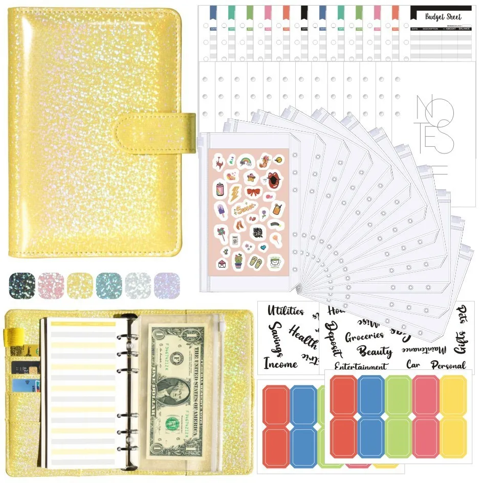 6 Rings Leather Money Saving Binder A6 Glitter Budget Planner Binder Notebook with Cash Envelope Luxury Journal Office Notebook