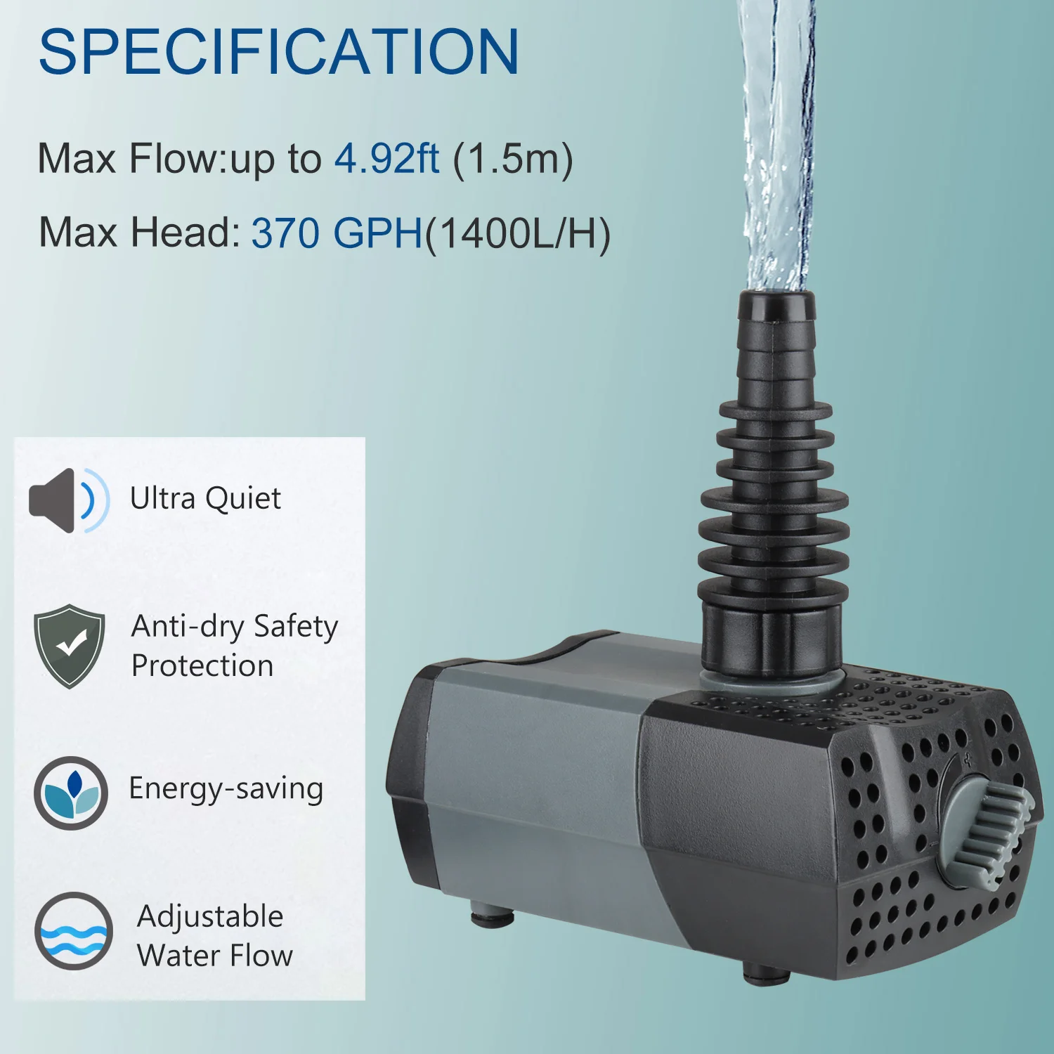 Heto Aquarium pump,370GPH Submersible  pump  High Lift Water pump for Aquariums,koi pond pump