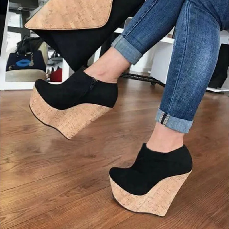 Flock Ankle Chelsea Boots Fashion Round Toe Wedges High Heels Shoes For Women NEW Spring/Autumn Ladies Shoes Zapatos De Mujer