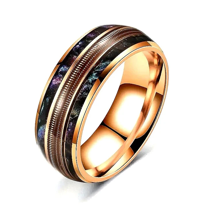 SZ CHENG JEWELERS Jewelry New 8MM Rose Gold Couple Ring Wedding Bands Inlay Guitar String And Opal Galaxy Tungsten Ring