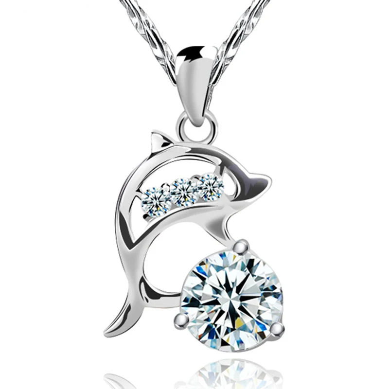 Hot Sale Wholesale Cheap Silver Plated Link Chain Necklace Popular Dolphins Pendant Inlaid Diamond Chain Necklace For Women