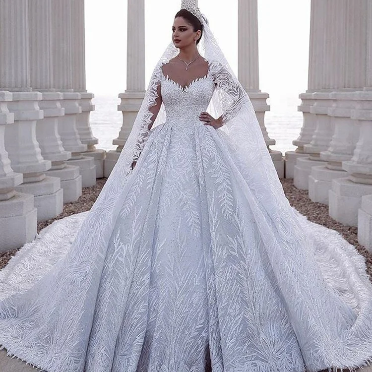 V-neck Luxury Crystal Wedding Dresses Turkey Istanbul China Manufacturer Long Tail Ball Gowns Wedding Dress For Women
