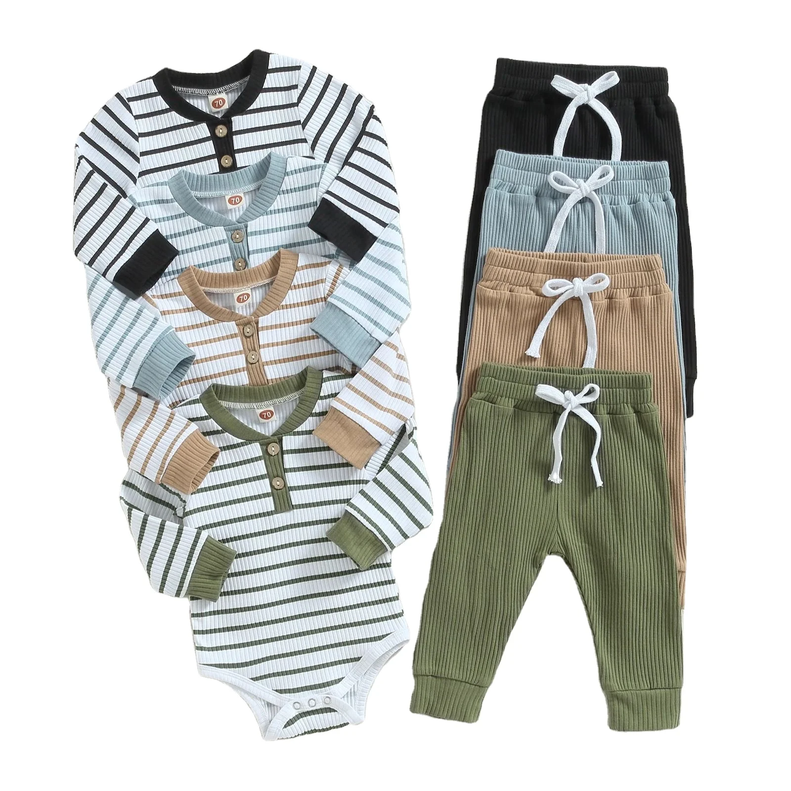 Newborn Baby Outfit Sets Long Sleeve Striped Romper Solid Color Long Pants Baby Boys Outfit 0-3 Month