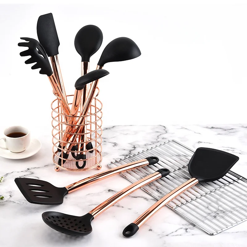 
8pcs Silicone Kitchen Utensil Set Rose Gold Stainless Steel Handle Kitchen Nonstick Tools 