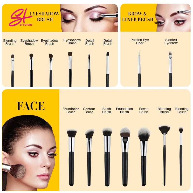 ST FUTURE Custom Logo Professional 16pcs Travel Ladies Makeup Brush Plastic Handle Synthetic Nylon Hair Best Makeup Brush Set