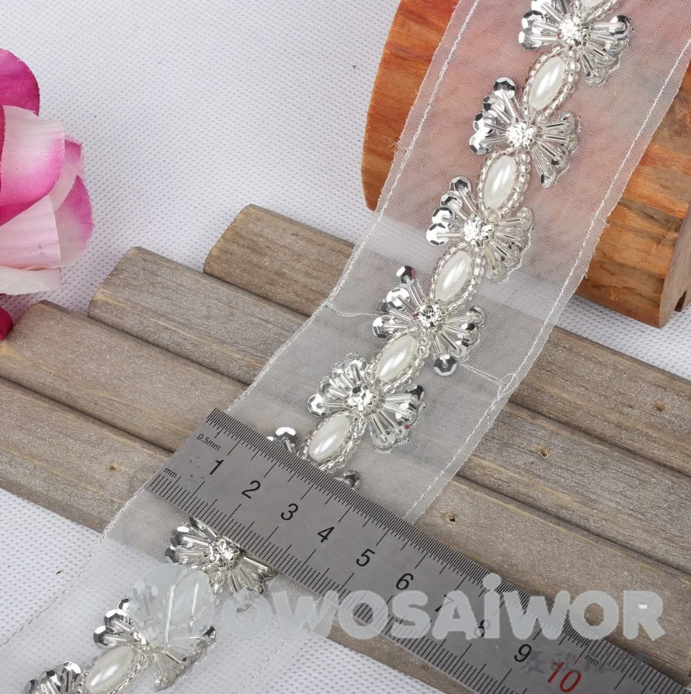 Imitation Pearl Rhinestones Lace Beaded Trim Lace Crystal Applique patch for Dress LO10026