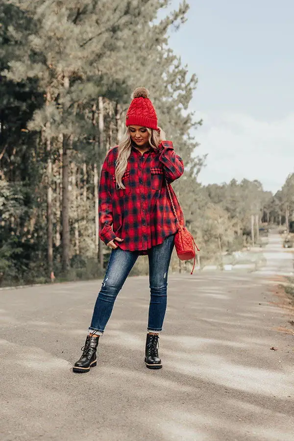 Women Red Plaid Polyester Cotton Flannel Shirt Flap Pocket Casual Drop Shoulder Shirt Jacket