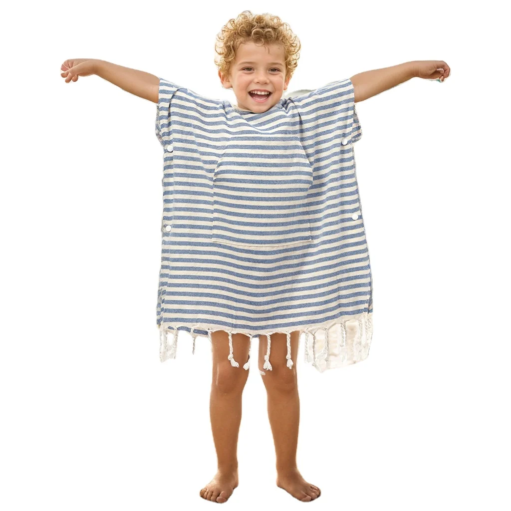 Cotto Custom Logo Surf Turkish Hooded Poncho Beach Towels With Tassel for Kids Hooded Beach Towel