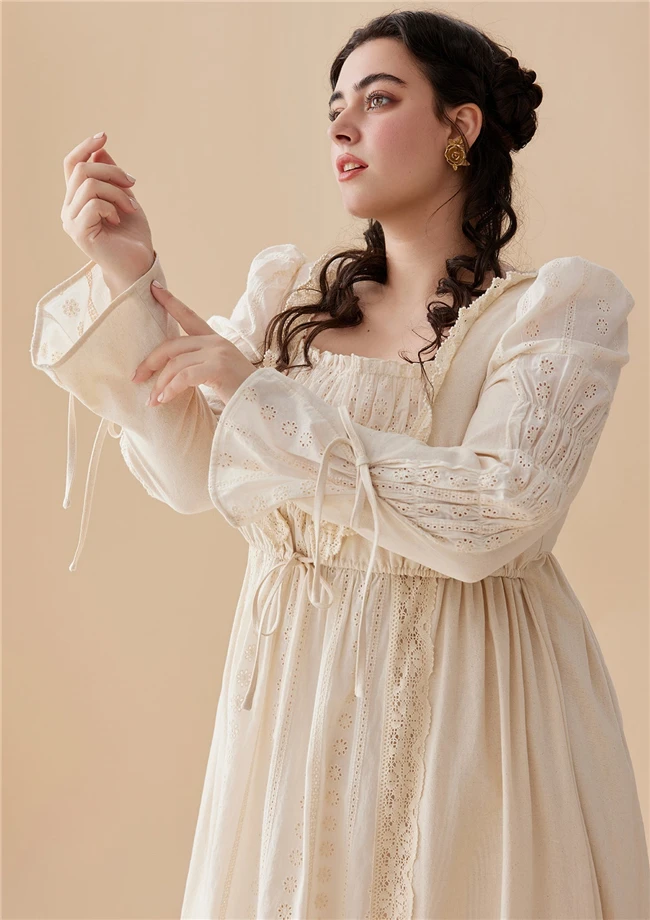 2024 Winter Elegant Fat Women 100% Cotton Ruffle Long Sleeve Lace Plus Size Dress