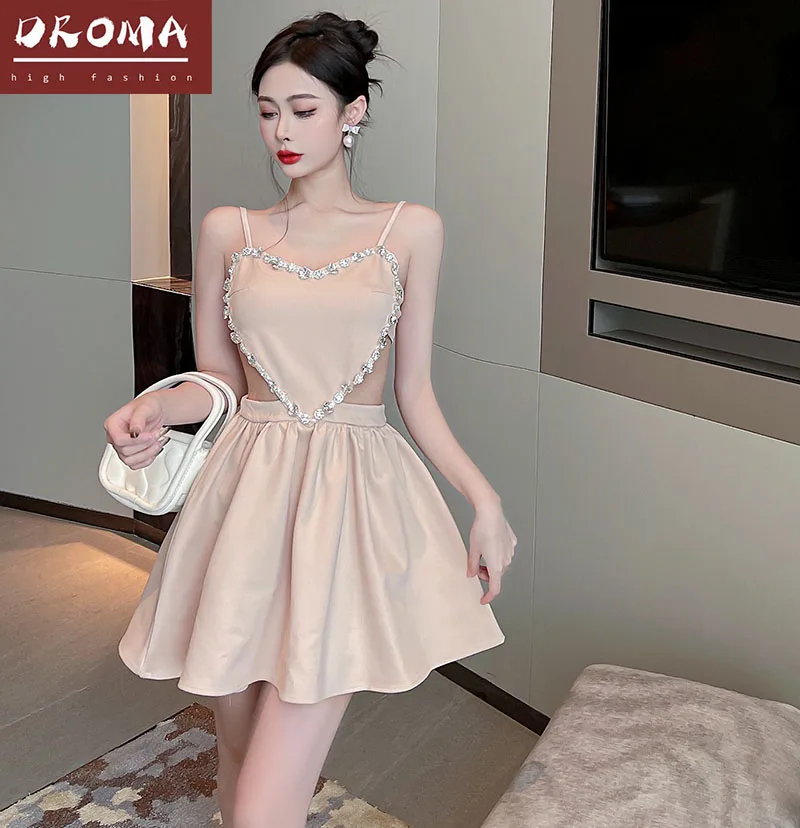 Droma diamond studded light luxury suspender dresses good quality backless mini dress tank top for women