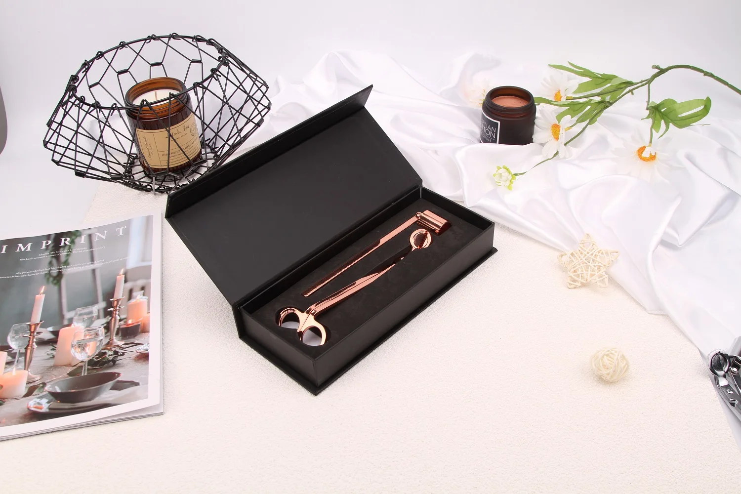 Custom Logo Brass Silver 2 In 1 Stainless Steel Candle Accessory Set With Candle Wick Trimmer Candle Snuffer For Wedding