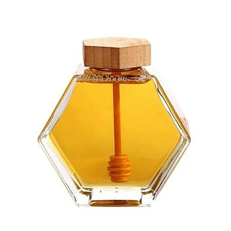 Custom 100ml 380ml 730ml honey jars jelly jam hexagon glass honey jar with stick glass jar with wooden lid for honey