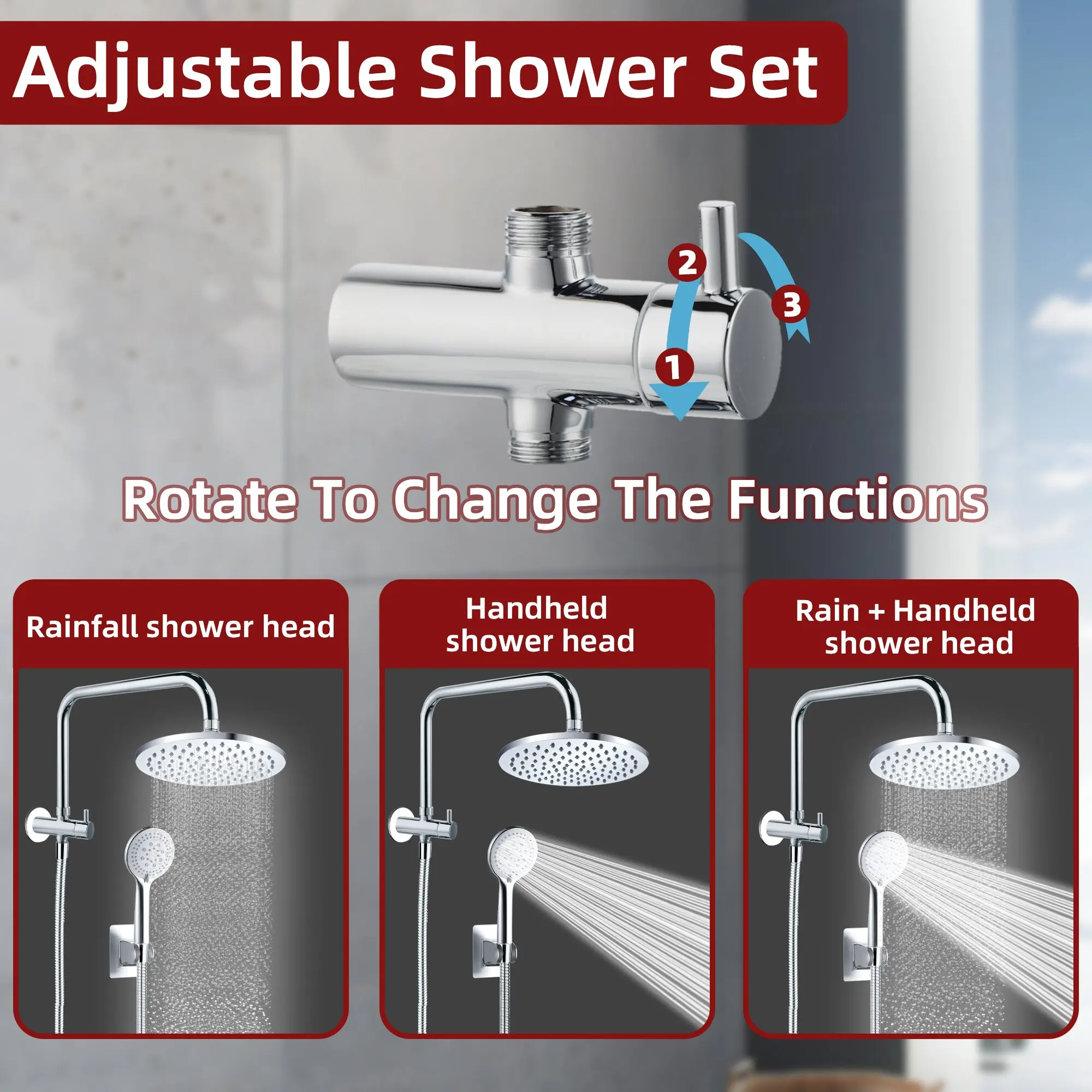 Adjustable Shower Set With 8 Inch High Pressure Rain Shower Head  And 5 Settings Handheld  Shower Spray With 1.5-1.8 m Long Hose