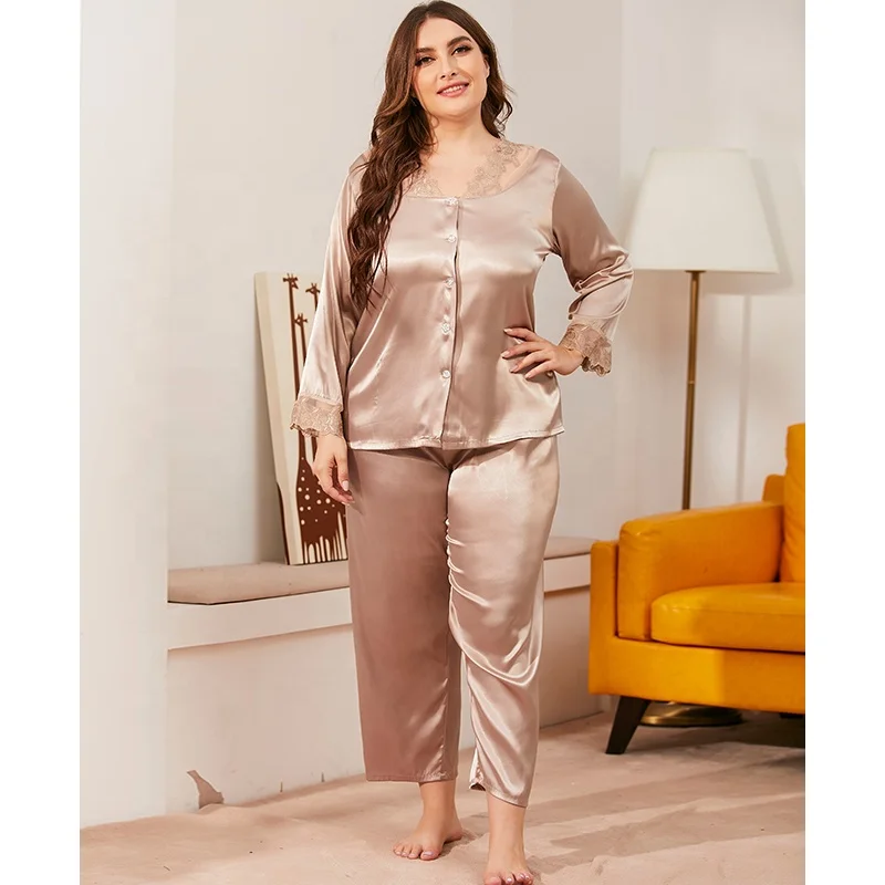 
Women Plus Size Sleepwear Lace V-neck Long-sleeved Pyjamas For Home Life 
