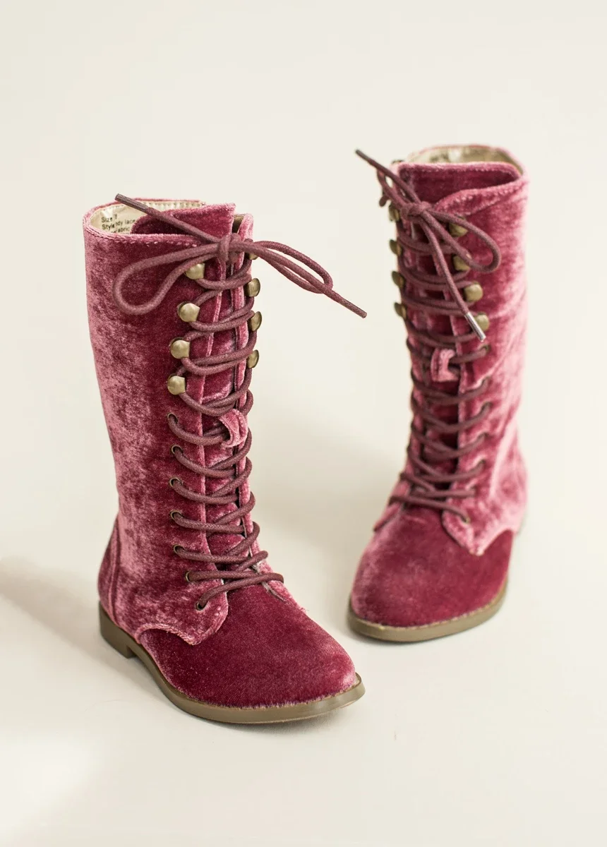 Little Girls Winter Boots Newest Design Comfort Plush Velvet High Lace-up Long Boots For Girls