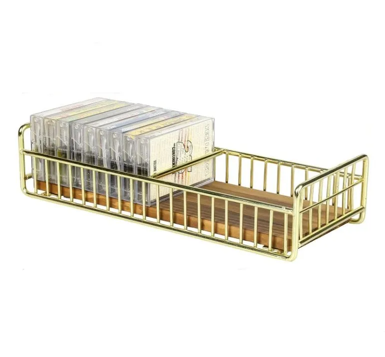 Retro Burnt Wood Base Cassette Tape Storage Rack with Brass Tone Metal Wire Frame