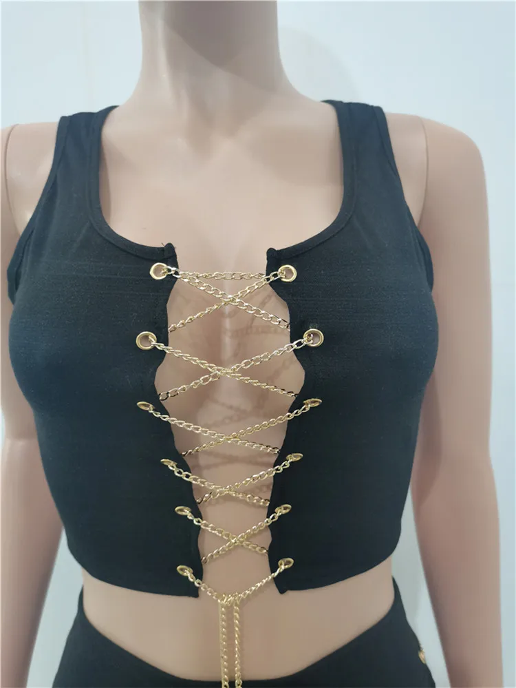 Summer 2021 New Women Fashion Sexy Bandage Chain Crop Top And Mini Skirts Two Piece Set Outfits