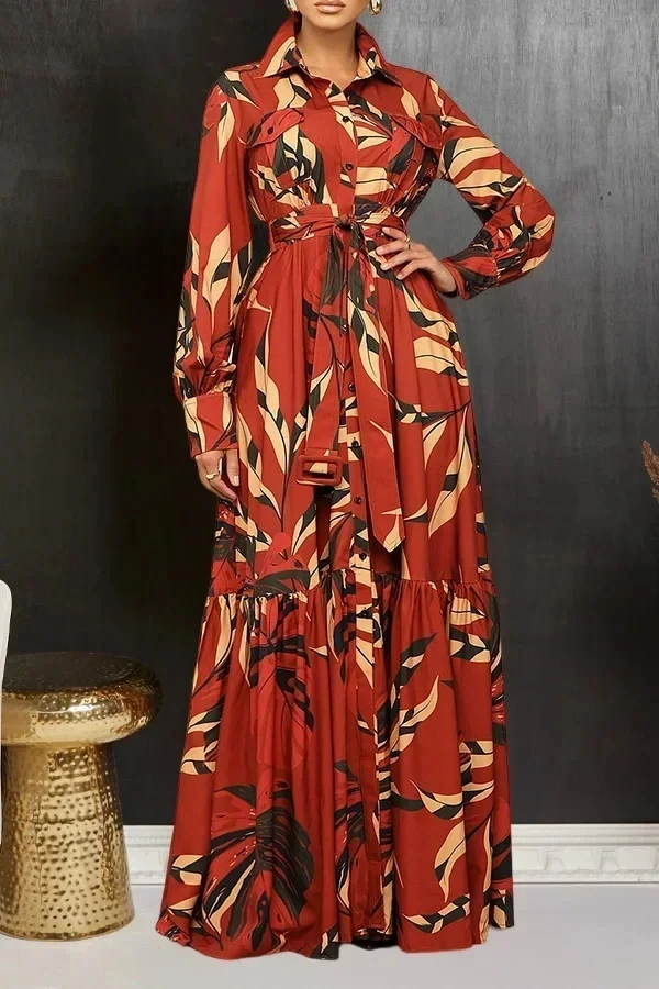 African Dresses for Women Clothing 2024 New Plus Size Print Pleat Long Maxi Shirt Dress Lace up Robe Hiver Femme Africa Vestidos