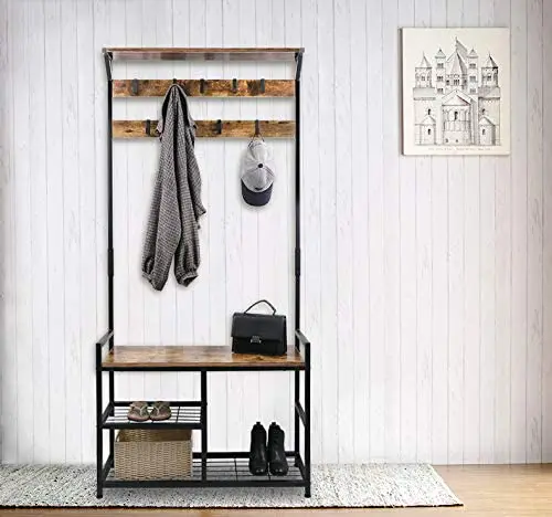 Wholesale Entryway Furniture Industrial Wooden Metal Hall Tree Clothes Coat Hanging Shelf Shoe Coat Rack Stand with Bench