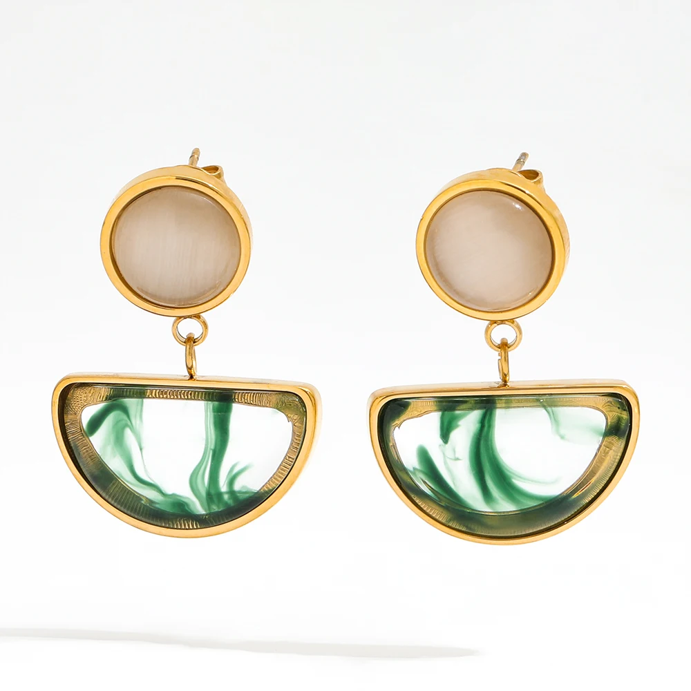 New Trendy Earring 18K Gold Plated Chinese Style Natural Resin Opal Stud Earring Wholesale Stainless Steel for Women N/A