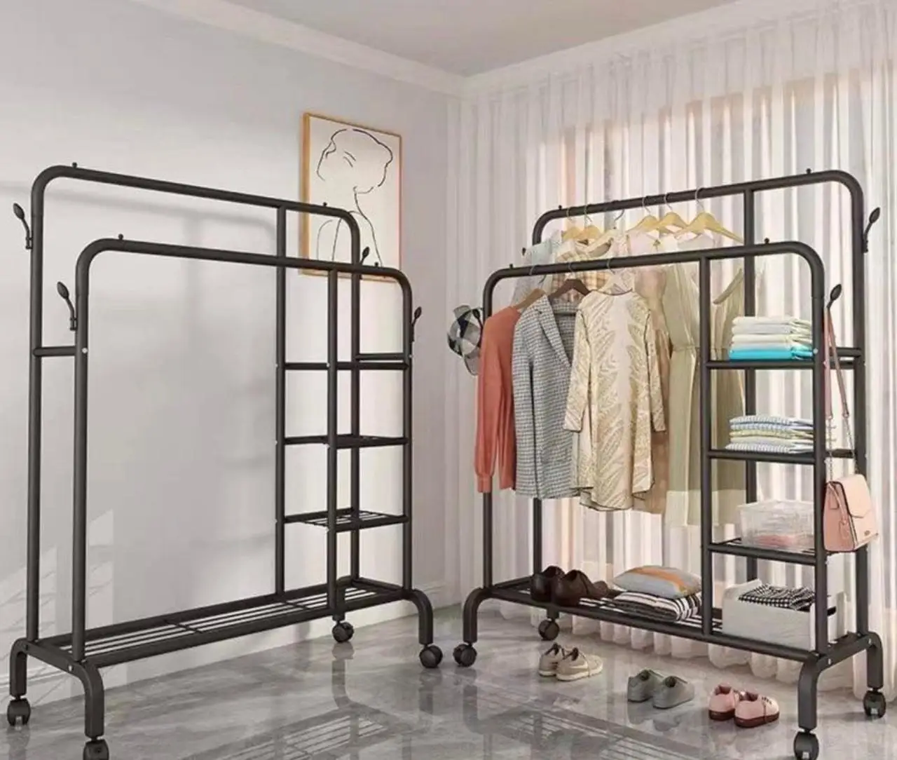 Custom Multifunctional DIY Hook Coat Rack Clothes Rack Living Room With Wheel