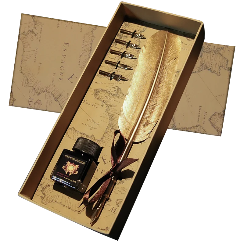 Gold Calligraphy Pen Vintage Antique Feather Pen Set