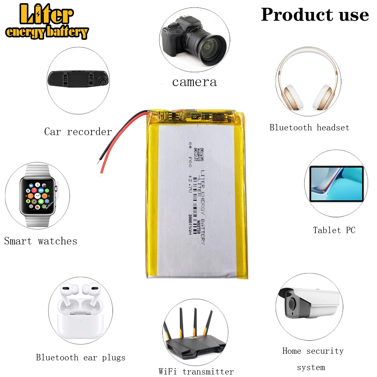 803759 3.7v 2000mah Rechargeable lithium polymer cells / battery with two lines