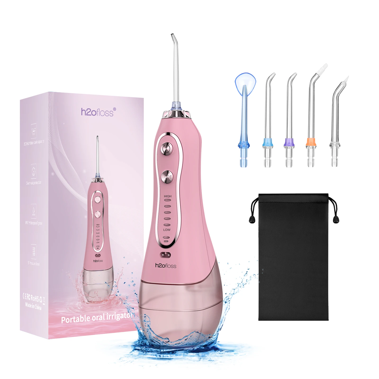 H2ofloss Pink Portable 2500mAh Electric IPX7 Waterproof Dental Flosser 300ml Water Teeth Cleaner Black Electric Teeth Cleaner