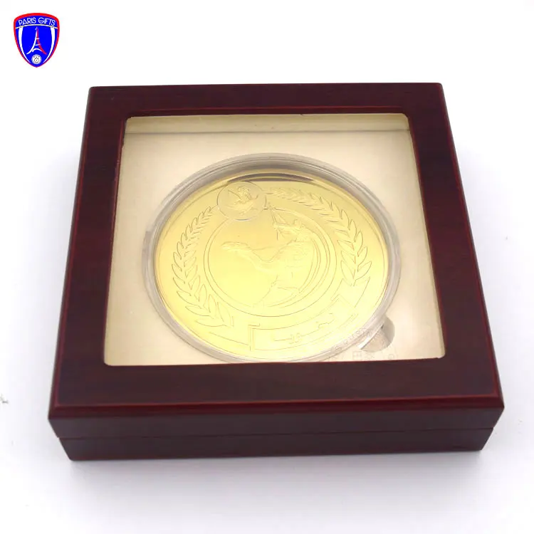 Wholesale high quality coins Saudi Arabia Qatar challenge coin gold plated hydraulic pressure coin with solid wood box