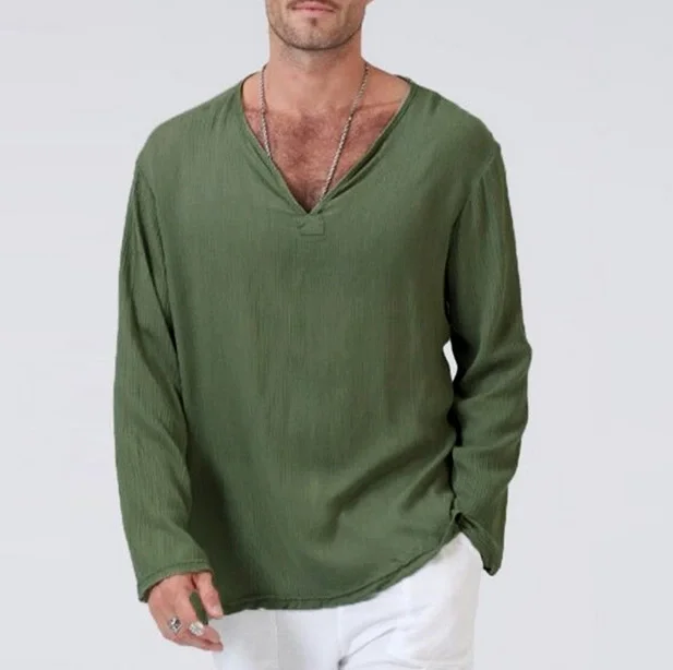 V Neck Mens T Shirts Full Sleeves Linen Cotton Long Sleeve T-Shirt Men Gothic Hippie Clothing Loose Male t shirt Autumn Spring