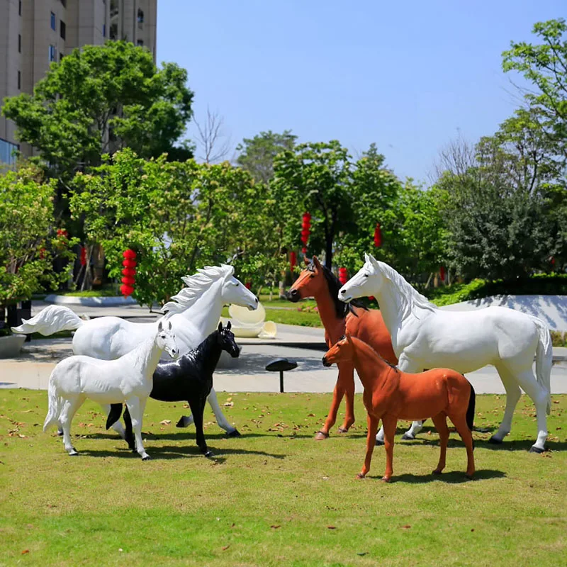 Outdoor simulation animal fiberglass black and white horse sculpture garden landscaping shopping mall floor lawn large ornaments
