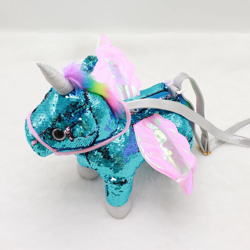 BSCI Certificate Customized Sequin Vertical Unicorn Figurine Toy Crossbody Bag Anime Plush Doll