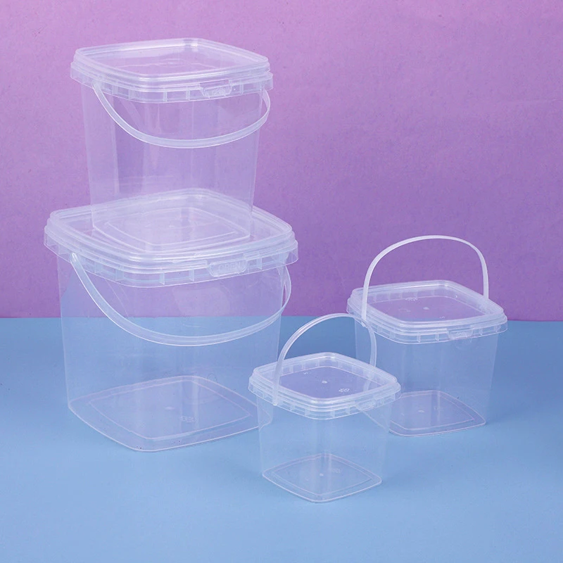 Empty 150ml 350ml 500ml 750ml 1000ml Square Plastic Buckets Transparent Pail With Handle for Packing Food