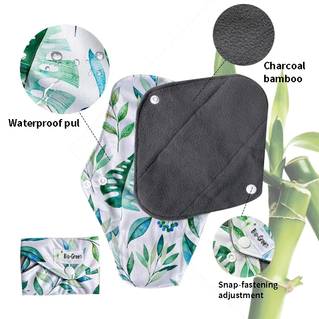 Customize Toalla Sanitaria Bamboo Charcoal Reusable Sanitary Pads Washable Absorbent Winged Sanitary Pads for Women