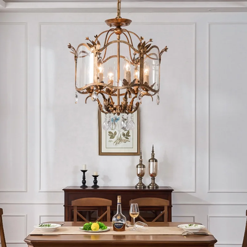 New french chandelier glass drum pendant light antique gold crystal ceiling light