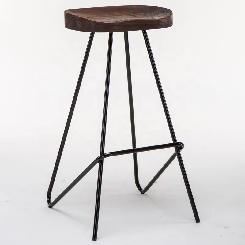 Design wrought iron solid wood seat stackable restaurant metal bar chair high stool