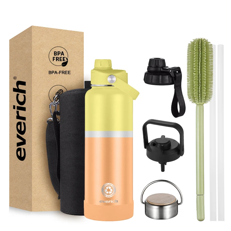 New Design Wide-Mouth 1000ml Stainless Steel Bottle Bamboo Lid Gradient Color Customizable Logo Dual-Wall Adults Sport Style