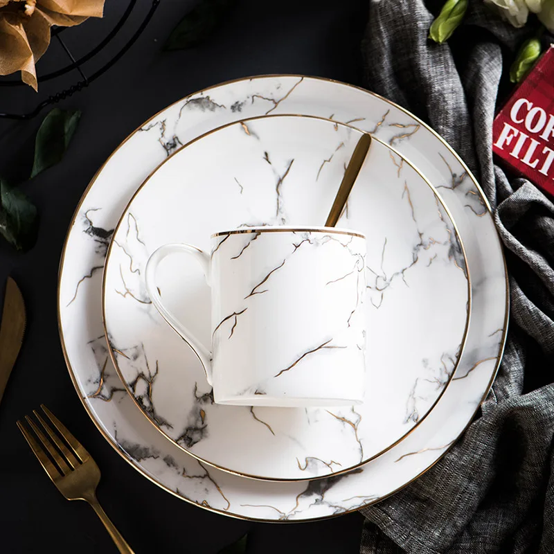  European style marble simple disc family ceramic tableware set steak plate