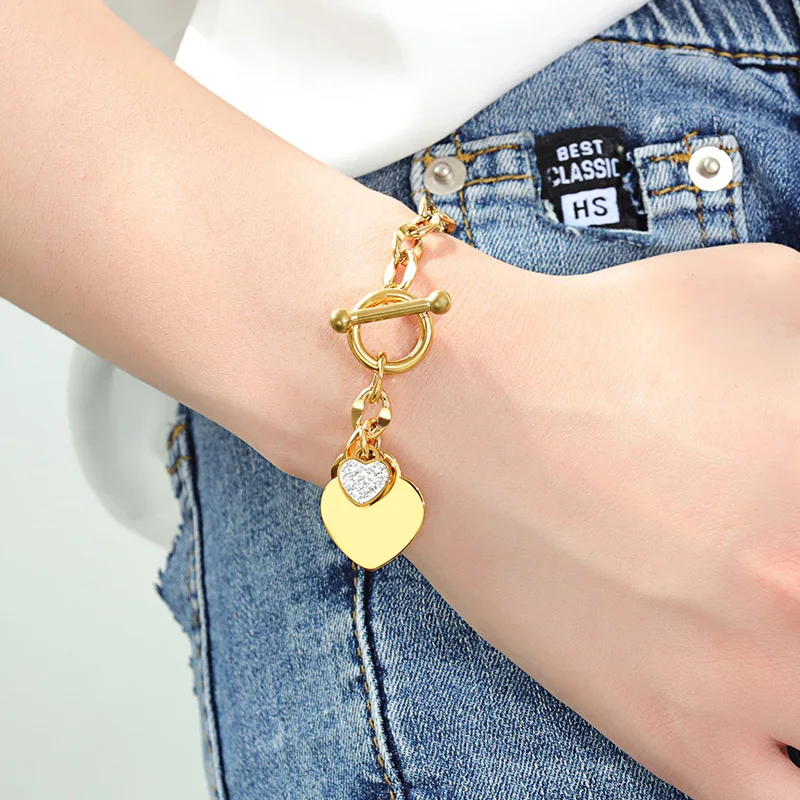 18K Gold Plated Stainless Steel Toggle Clasp Jewelry Cubic Zirconia Heart Charm Bracelet Women