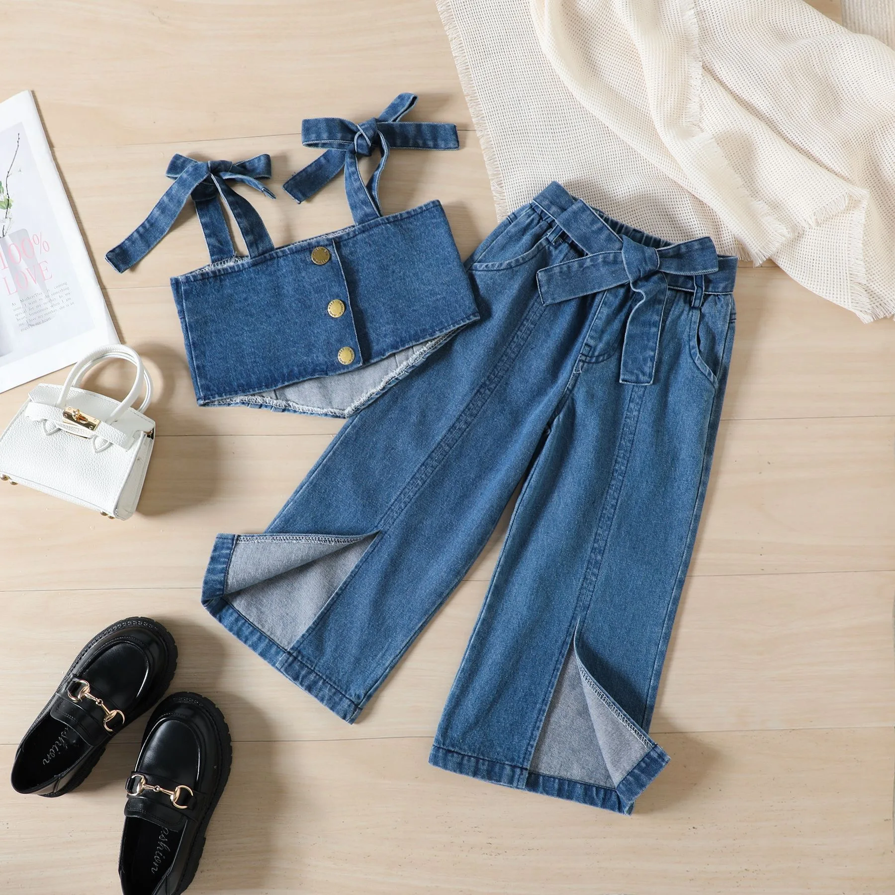 2024 summer Toddler Girls Sleeveless Vest T Shirt Tops Denim Pants Trousers Outfits Baby Boy Suspenders Outfit