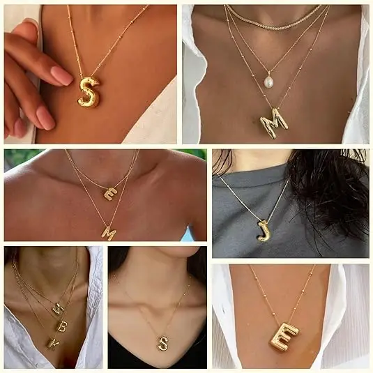Personalized Gold Necklace Stainless Steel Bubble Balloon Puff Letter Necklace Balloon Initial Letter Pendant Necklace for Women