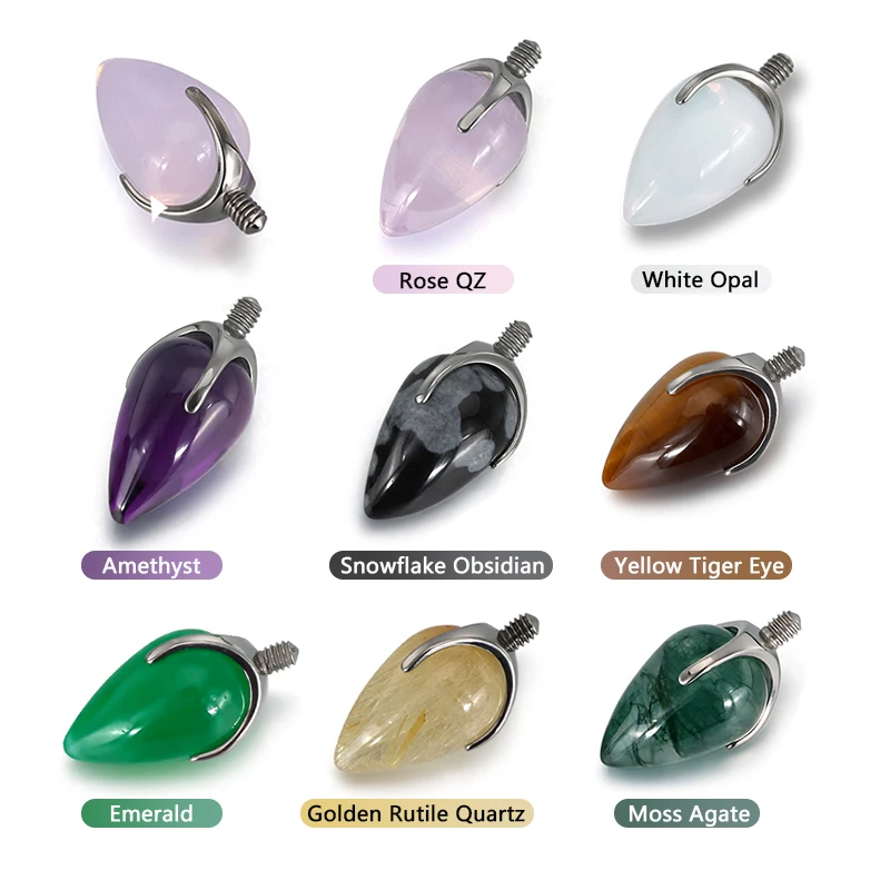 GZN Wholesale Newest Titanium 3 Prong Set Natural Stone Body Piercing Jewelry 16G Labret  Earring Helix Earring