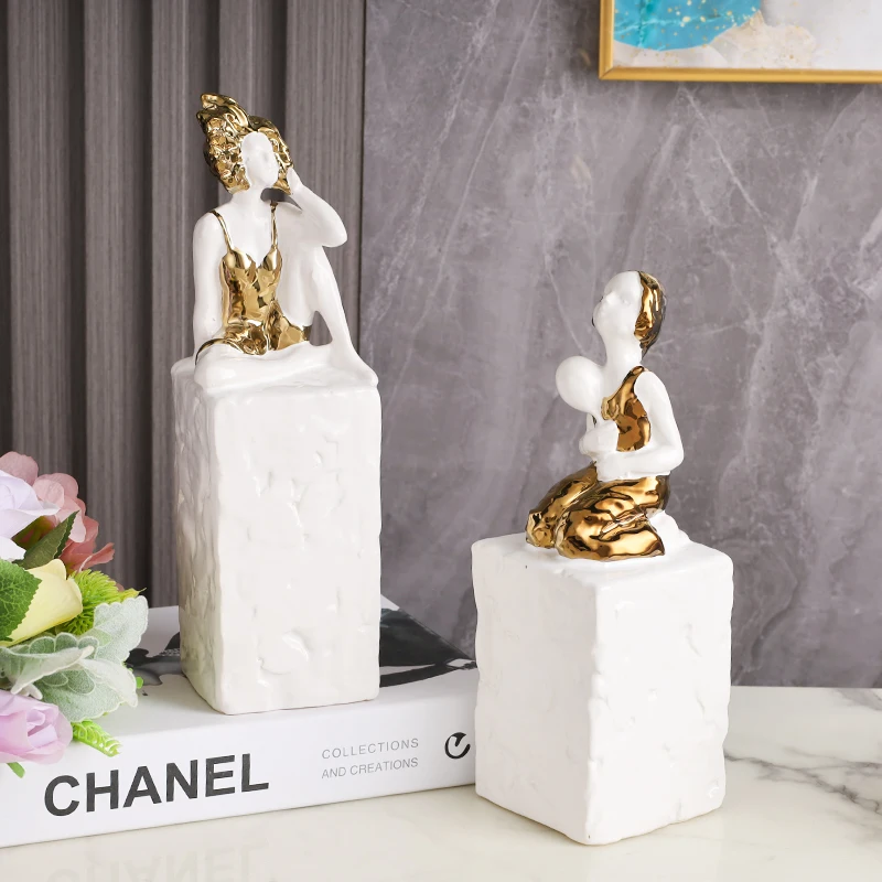 Girl Statue Golden Dress Ceramic Craft Art Ornament Art Figurine Home Decoration