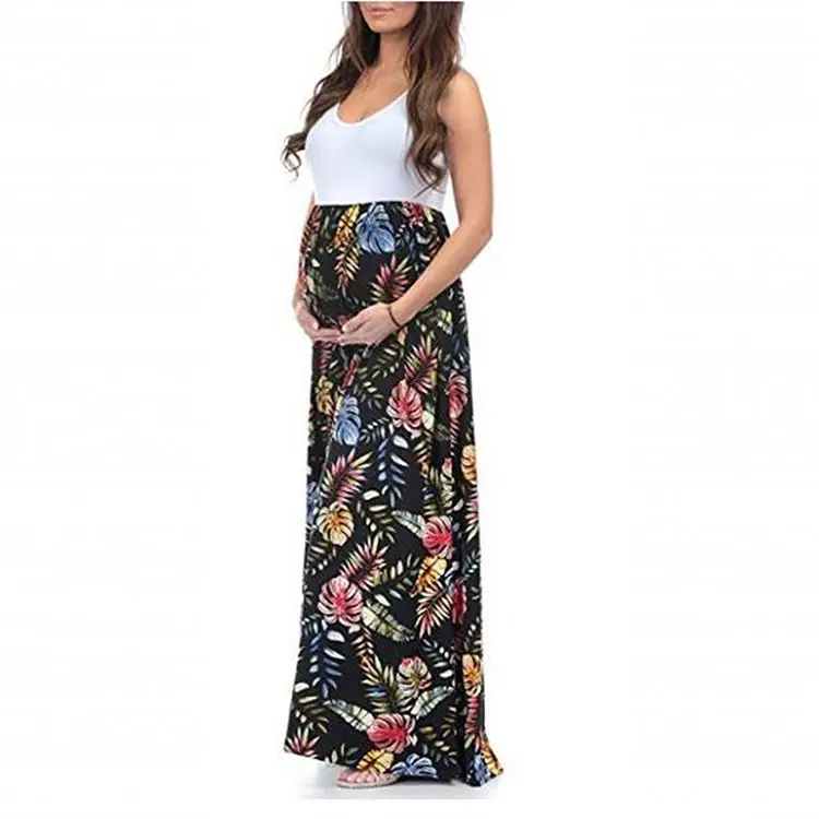 New Long Maxi Dress O Neck Sleeveless Printing Fashion Women Maternity Dress