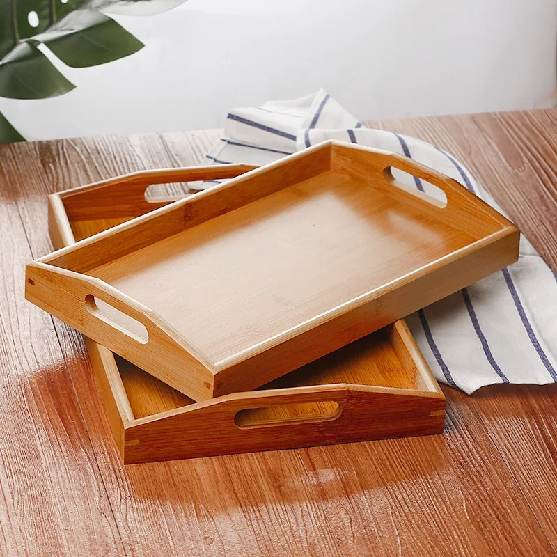 Decorative  Rectangular Wood Breakfast Dinner Food Couch Party Platters Natural Bamboo Serving Tray for Kitchen Eating Snacks