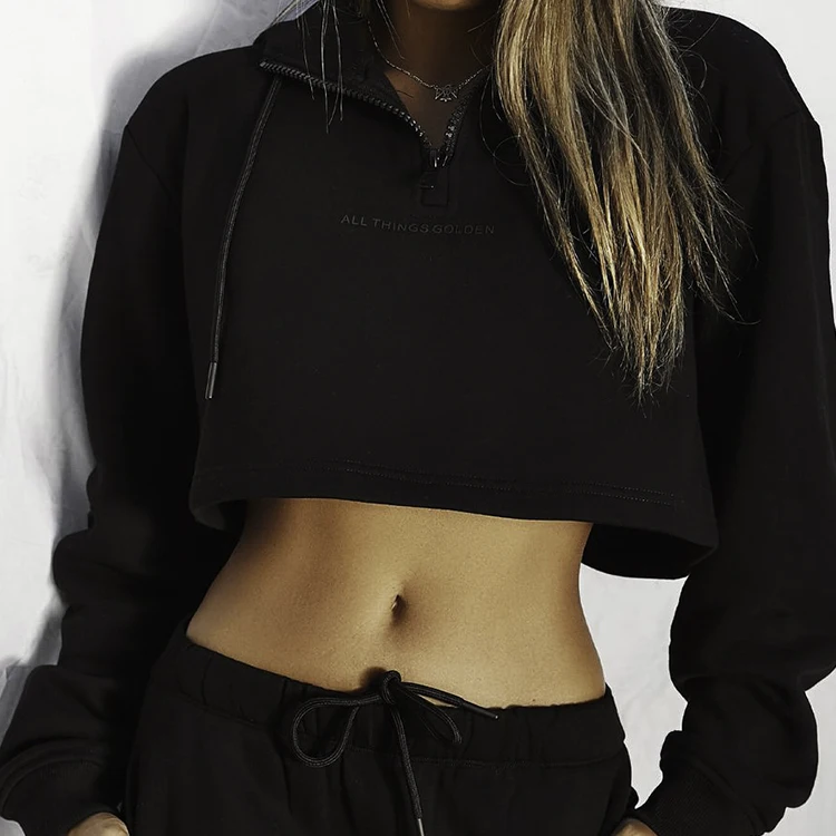 Оптовая продажа индивидуальный осенний укороченный топ толстовка хлопковый мешковатый с открытыми плечами черный женский Топ длинным рукавом укороченные толстовки