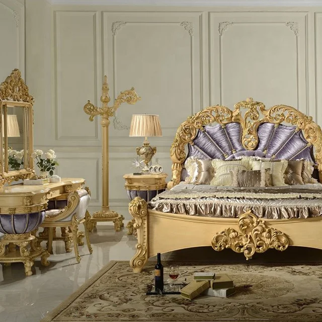 Rococo Carved Wood Dressing Table, French Style Louis XV Wooden and Velvet Dresser with Mirror and Stool for Bedroom