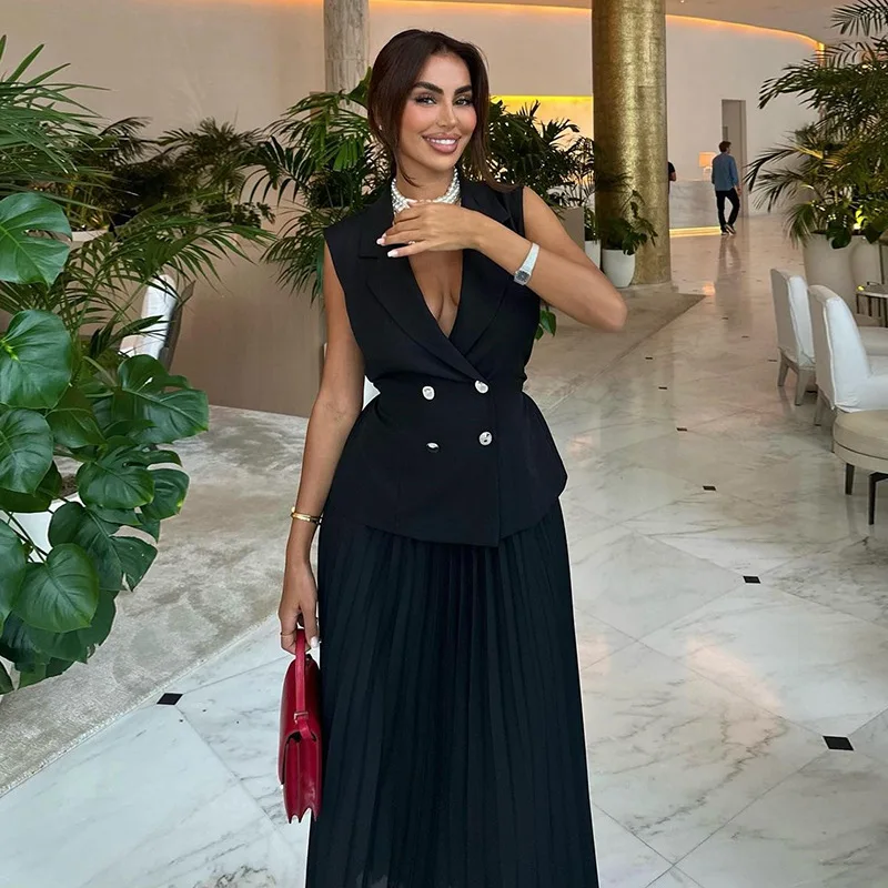 HK7438 Summer Women Long Skirt Set Elegant Lapel Sleeveless Double Breasted Top And Pleated Skirt Set 2 Piece Outfits For Women