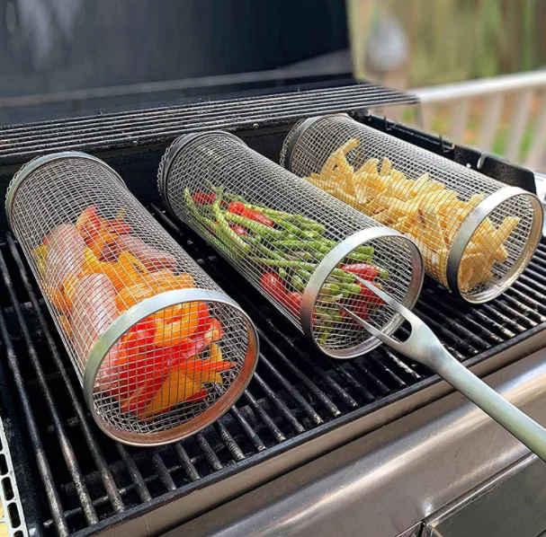 Stainless Steel Grill Round Rolling Grilling Basket for Large and Small Size